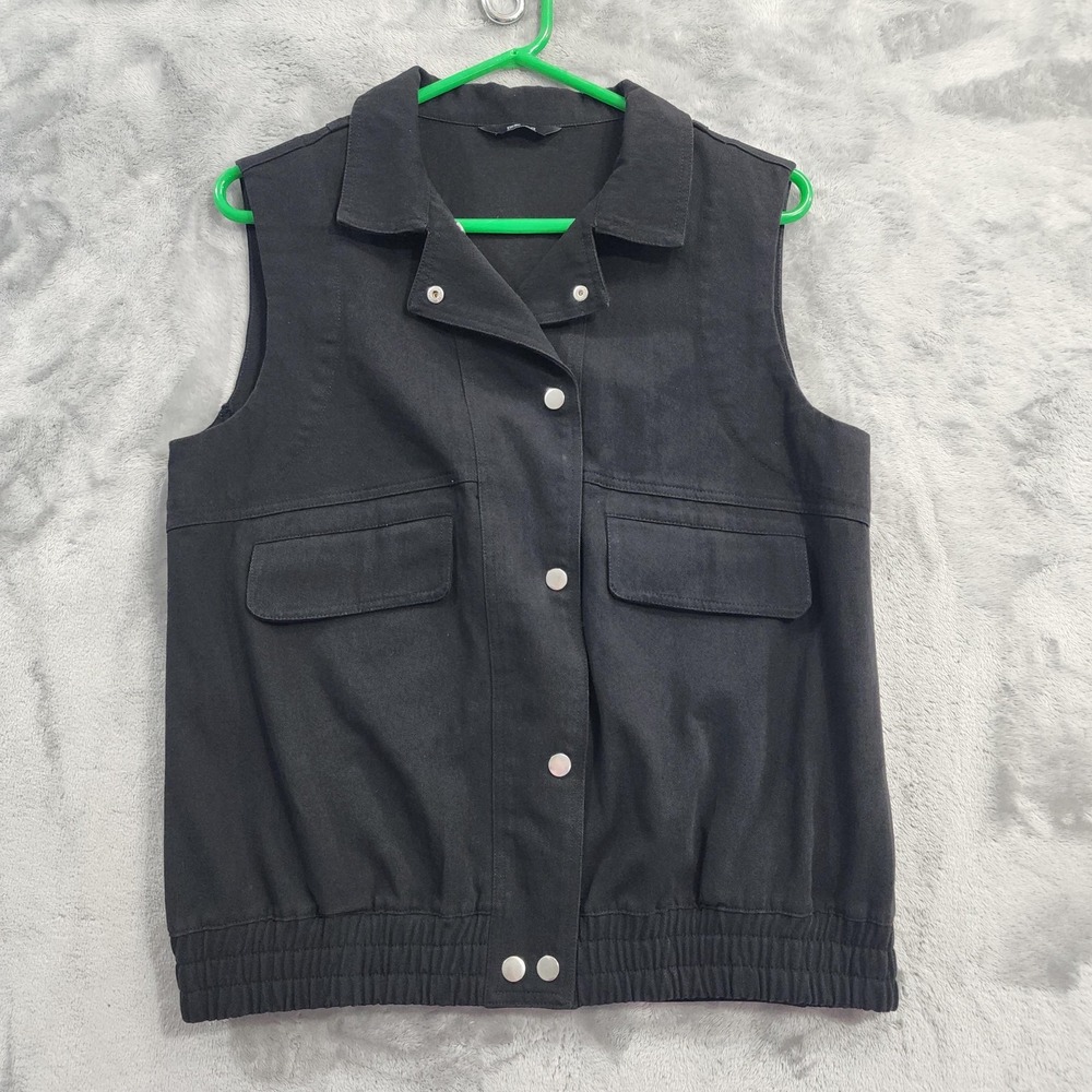 DOKOTOO Vest Womens M Black Cotton Twill‎ Snap Front Pockets Casual Unlined